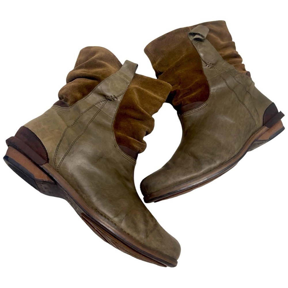 Patagonia Olive Green Brown Slouch Leather Ankle Boots